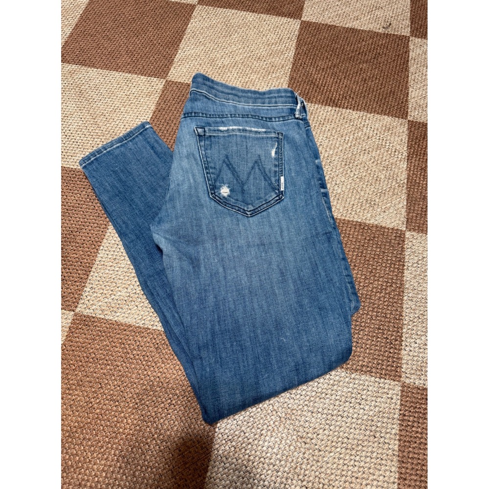 Mother The Looker Ankle Zip Jeans Graffiti Girl Blue Skinny Distressed Size 29